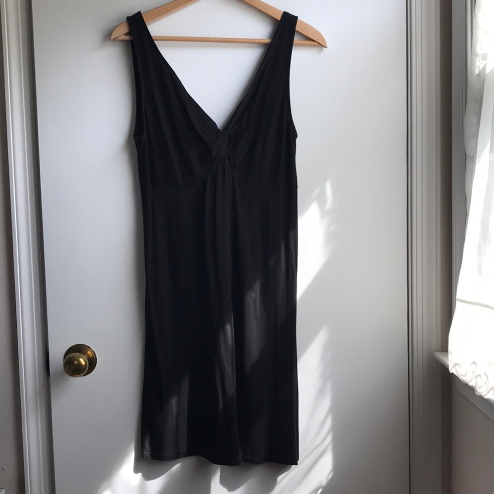 Loft Black Cotton blend Mini Dress with Double V neck Knot front Detail Small